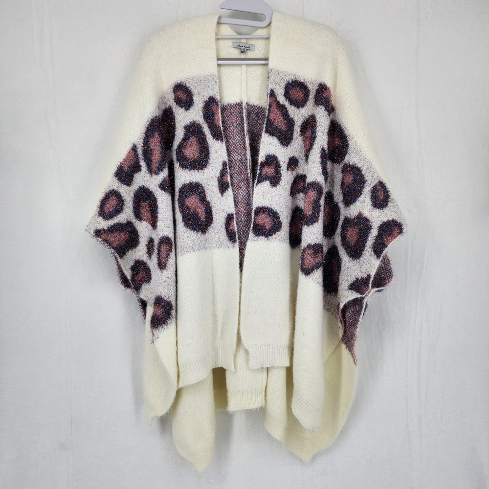 White Birch L/XL Leopard Eyelash Knit Open‎ Front Poncho Cardigan